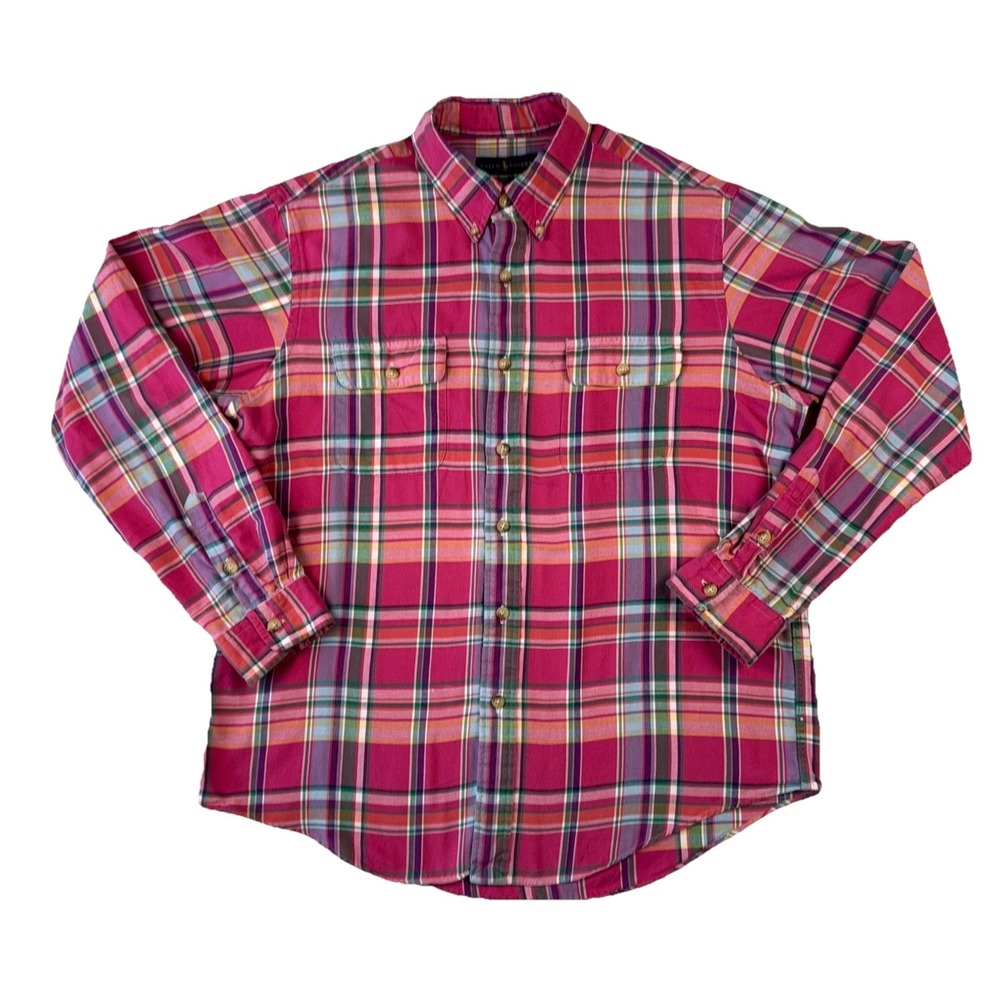 Ralph Lauren Mens XL Pink Plaid Flannel Button Down Shirt Preppy Cotton B235